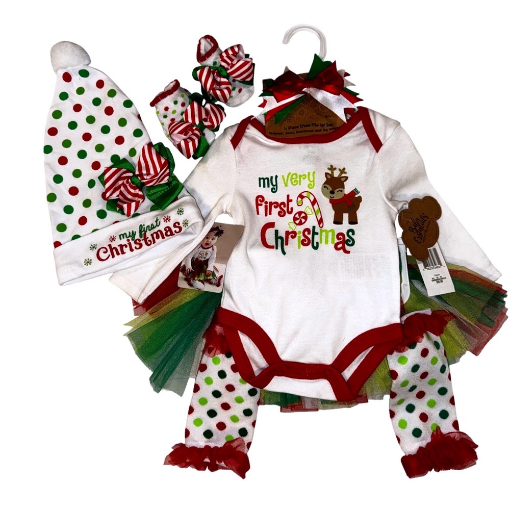 Baby Essentials My Very First Christmas Lot Tutu Bodysuit Hat Booties Set 6M NEW